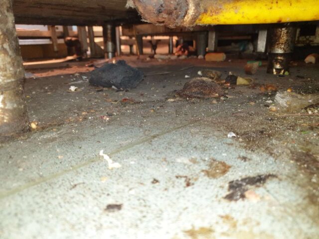 A close-up, low-angle photo showing a heavily soiled floor beneath what appears to be a commercial kitchen counter or piece of equipment. The floor is covered in a thick layer of dark grime, grease, and various pieces of trash. In the foreground, there are two large, dark, matted clumps of debris. A yellow pipe with some rust is visible at the top of the frame.