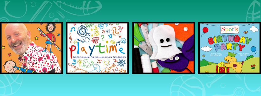 The image is a horizontal banner displaying four distinct, framed images against a teal and green background decorated with faint, white line-art drawings of various objects like sports equipment and theatrical masks. The four framed images are: First Image (Left): A photograph of a smiling, bald man with a beard and a colourful, spotted shirt. He is holding a large ruler and is surrounded by cartoon characters, including a small boy's face peering up from the bottom left and a girl standing next to him on the right. The background is an orange-yellow colour. Second Image (Center-Left): A cover for a book or resource titled 