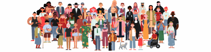 An illustration of people from different cultures, ages, genders and races to reflect the 10 protected characteristics