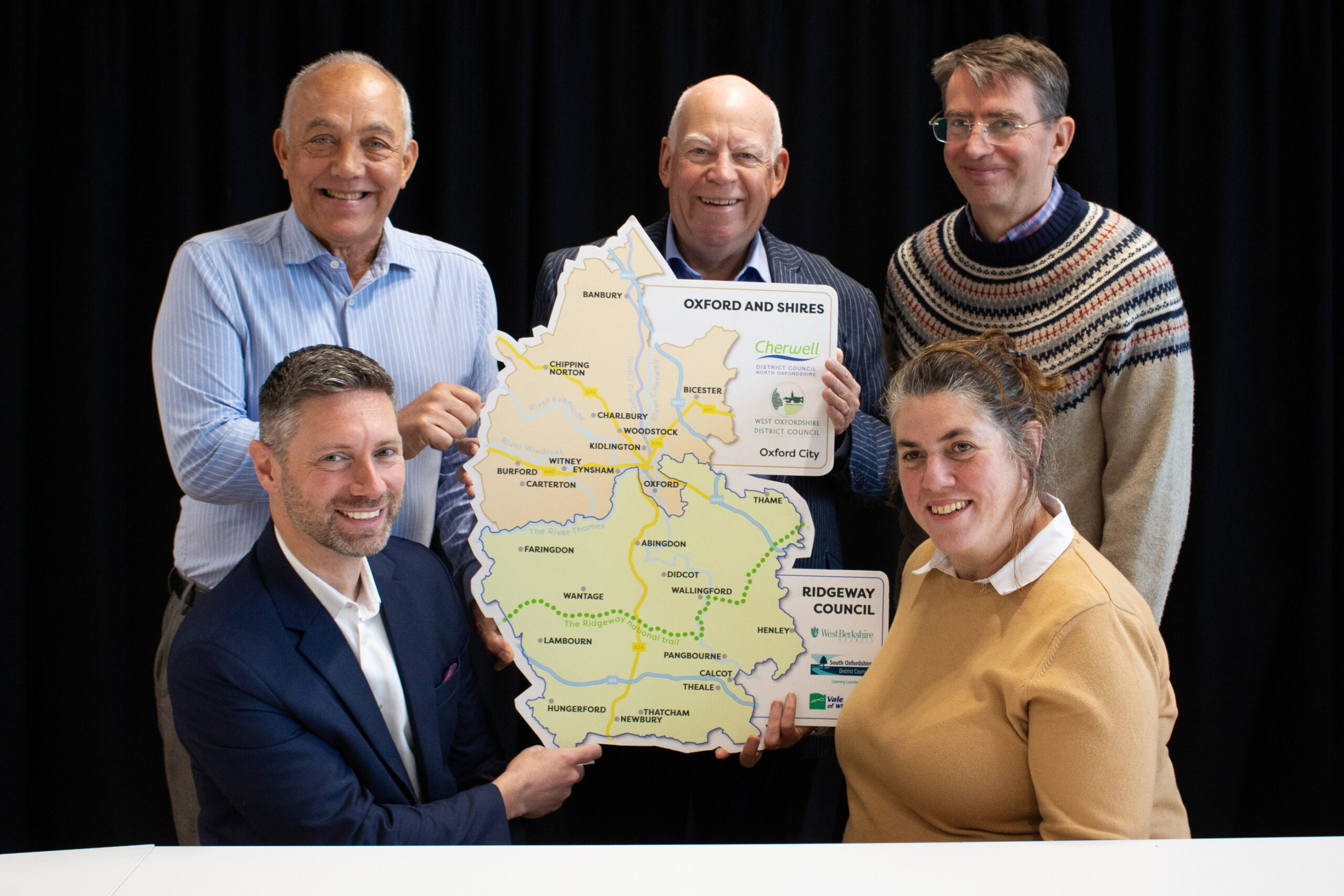 Photo: top row left to right: Cllr Andy Graham, Leader for West Oxfordshire District Council, Cllr Jeff Brooks, Leader of West Berkshire Council, Cllr David Rouane, Leader of South Oxfordshire District Council. Bottom left to right: Cllr David Hingley, Leader of Cherwell District Council and Cllr Bethia Thomas, Leader of the Vale of White Horse District Council