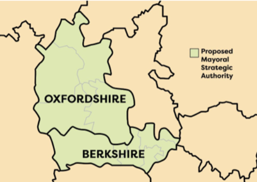 Map of Oxfordshire and Berkshire as part of a combined mayoral strategic authority.