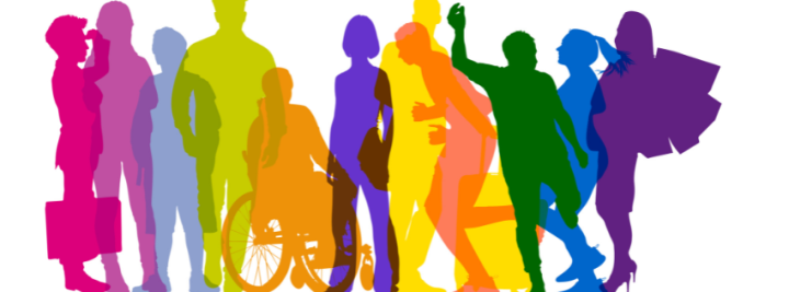 Silhouettes of people in different colours, there are women, men, people in wheelchairs all representing diversity and equality for all