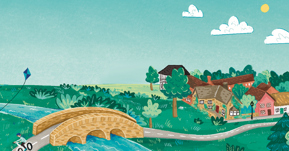 Illustrated image of countryside and rural village