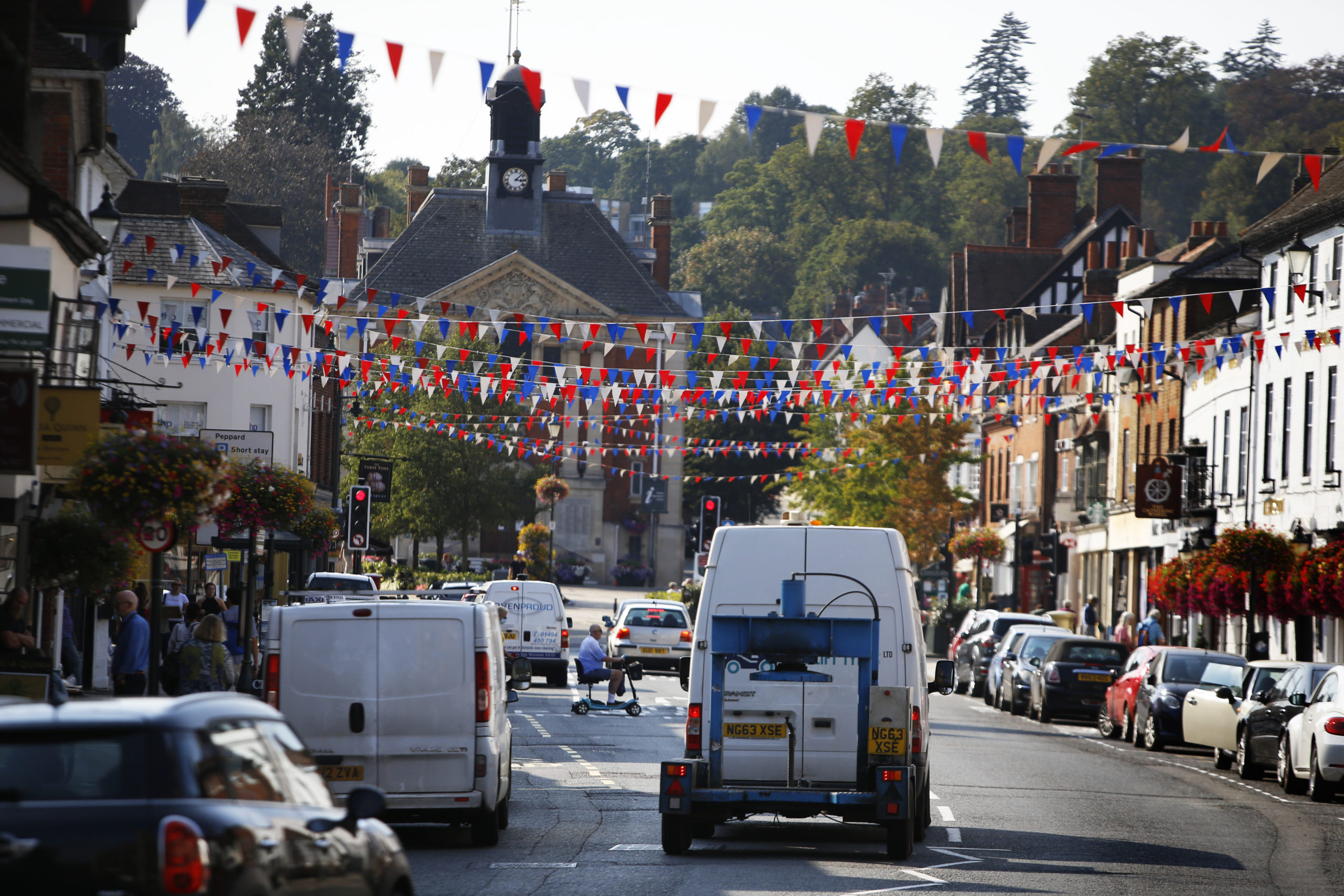 Henley with red white and blue bunting across the road