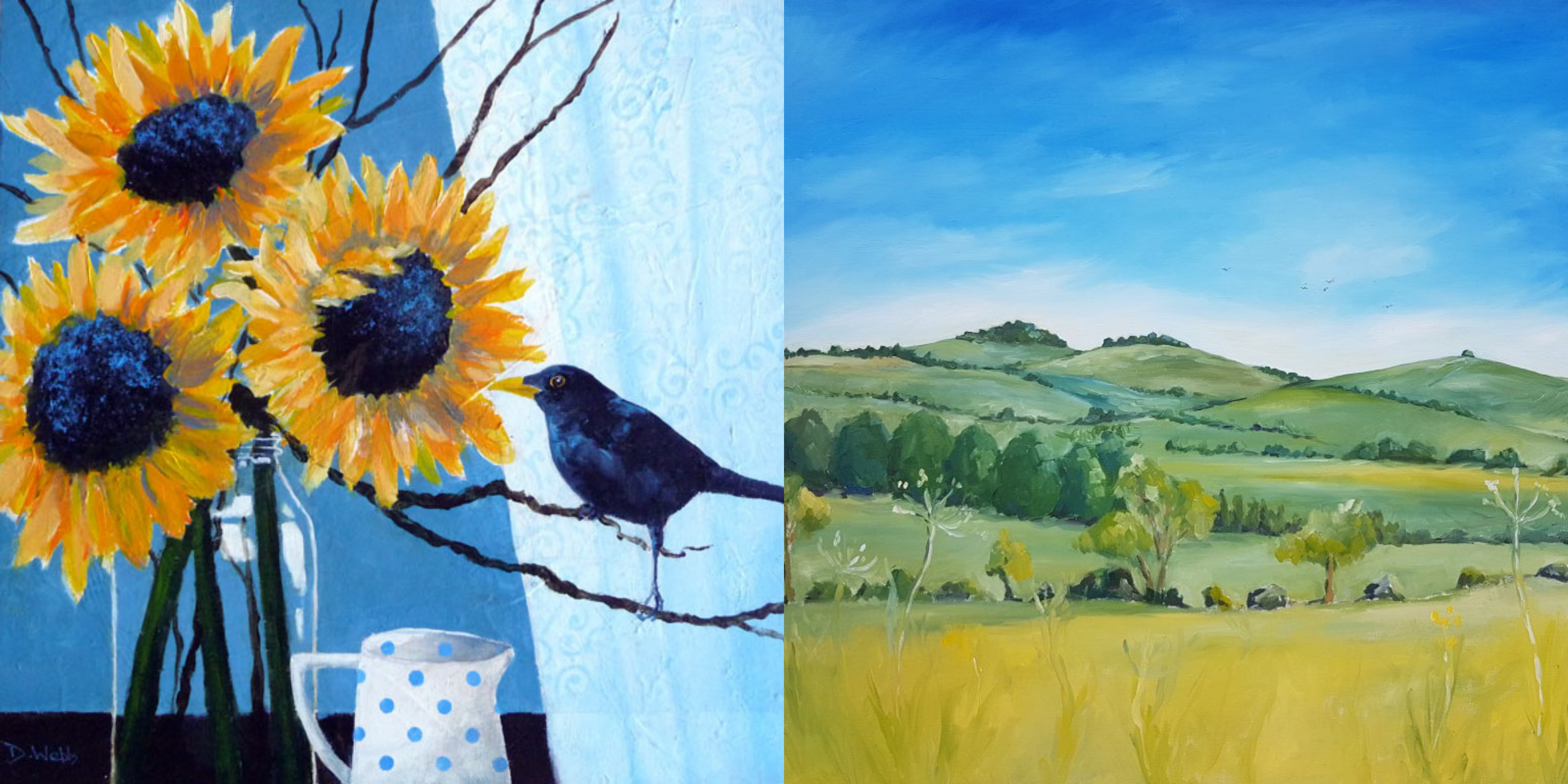 Two paintings are displayed. The left features bright yellow sunflowers beside a black bird and the right painting features beautiful Oxfordshire countryside.