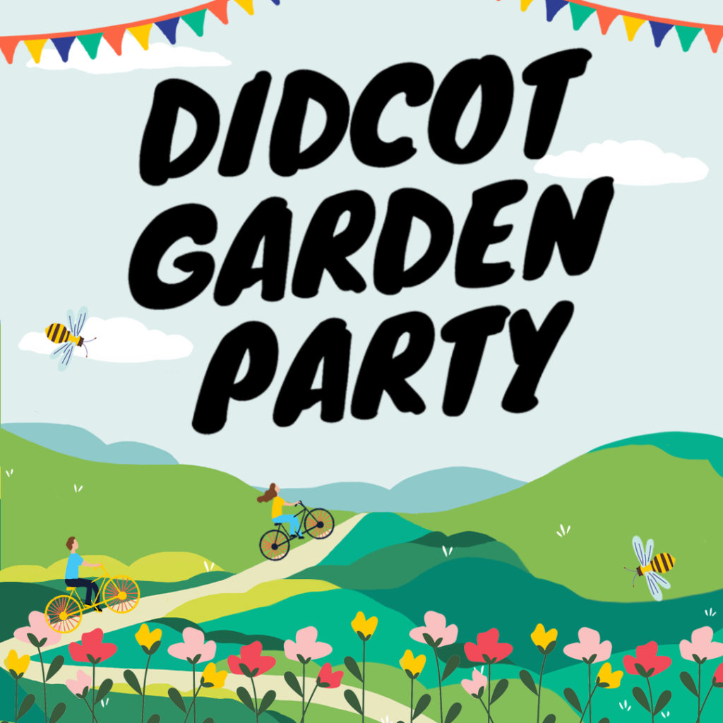 Image of a garden with people cycling along. Caption says Didcot Garden Party.