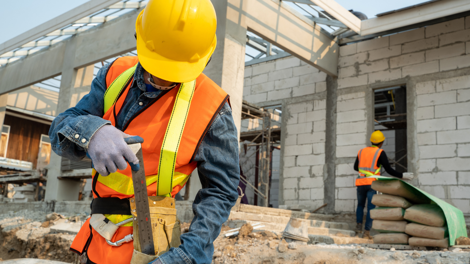 Image of a building site. There is workman at the front of the image with a spade and another at the rear of the image working on a window.