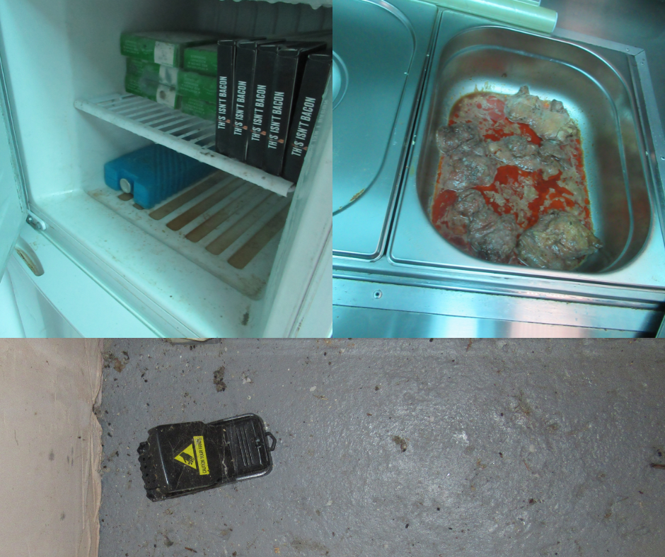 Three photos taken during the inspection at Sear Street Kitchen Limited on 9 September 2021, including the inside of a freezer where dirt and mould is visible on the shelving and food packaging, rotting meat and blood is in an inset tray and signs of mice droppings on the floor.