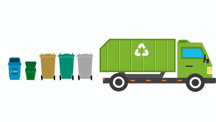 Graphic showing three wheelie bins, a food caddie, a litter bin and a waste truck