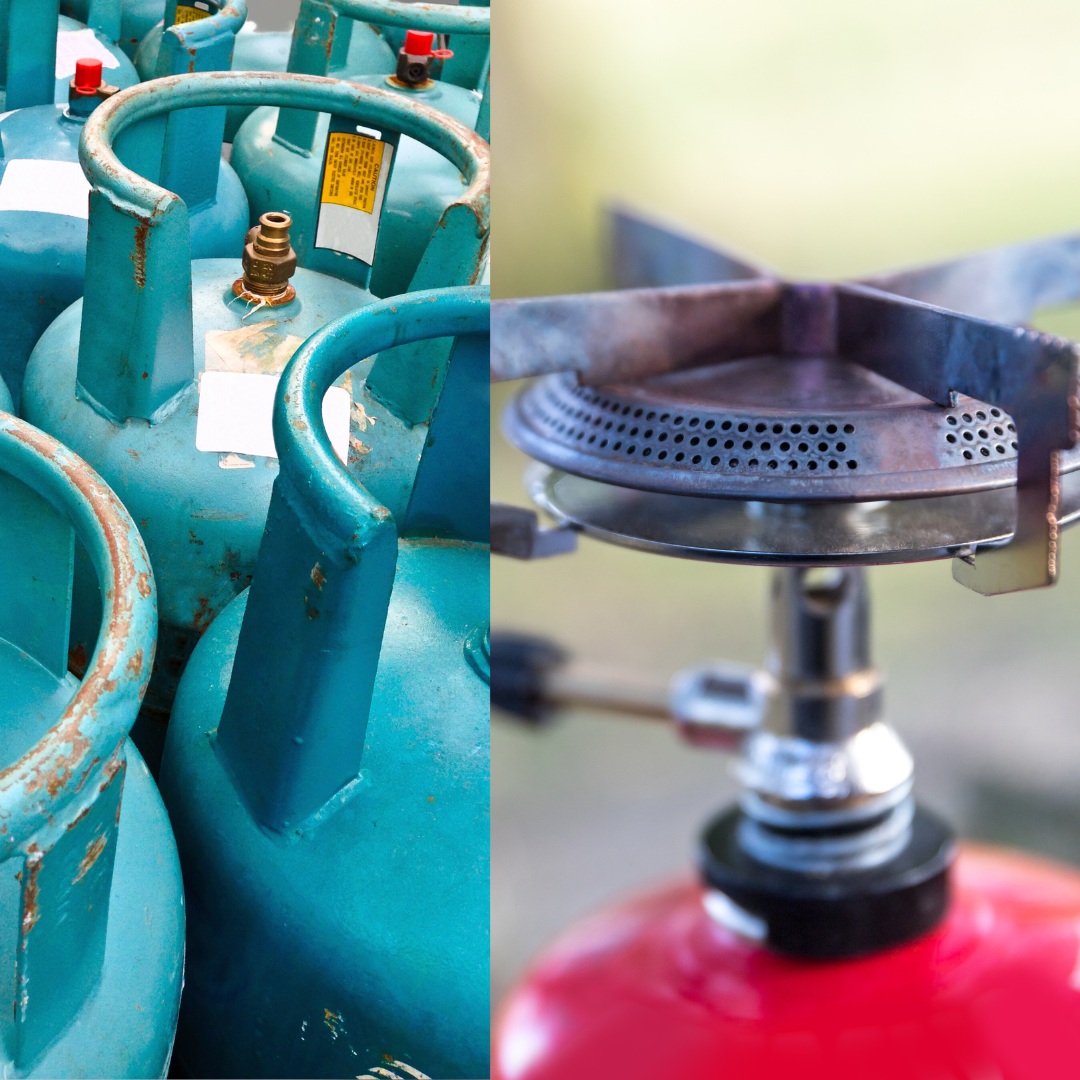 a picture of gas cannisters and a camping stove