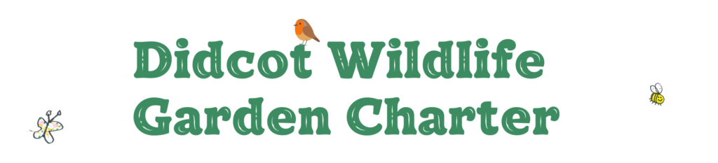 Caption reads: Didcot Wildlife Garden Charter with a robin on top of the letter 't' and butterflies and bees flying around.