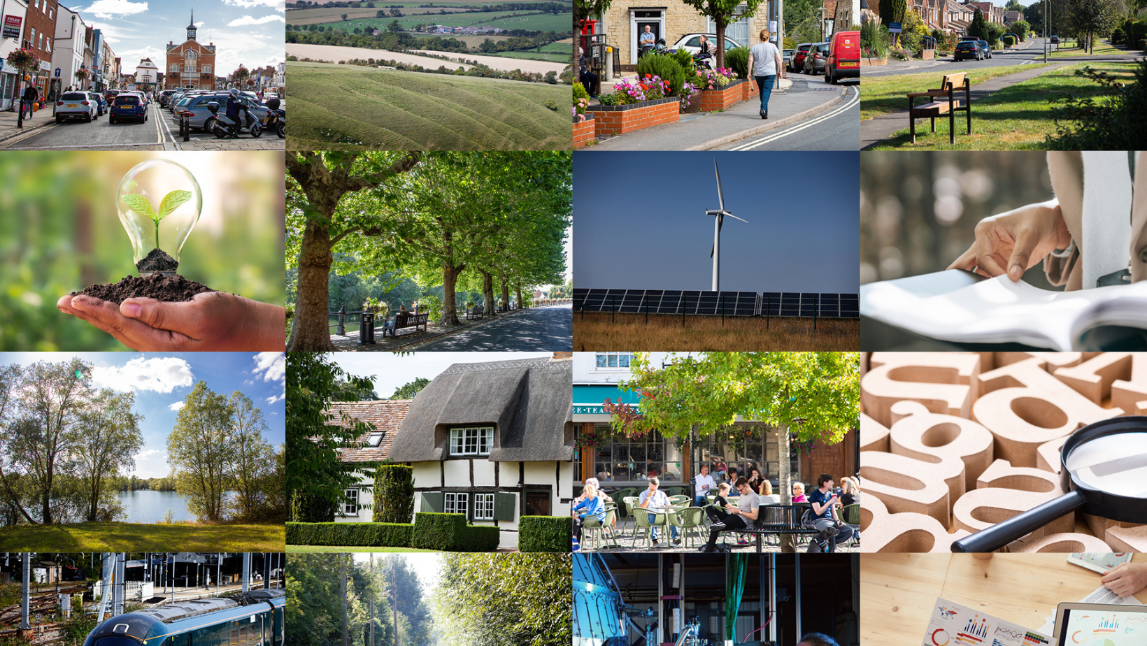 Collage of images from South Oxfordshire and Vale of White Horse, including landscapes, wind turbines, historic buildings, and towns and villages, and stock photos to represent planning and green energy.